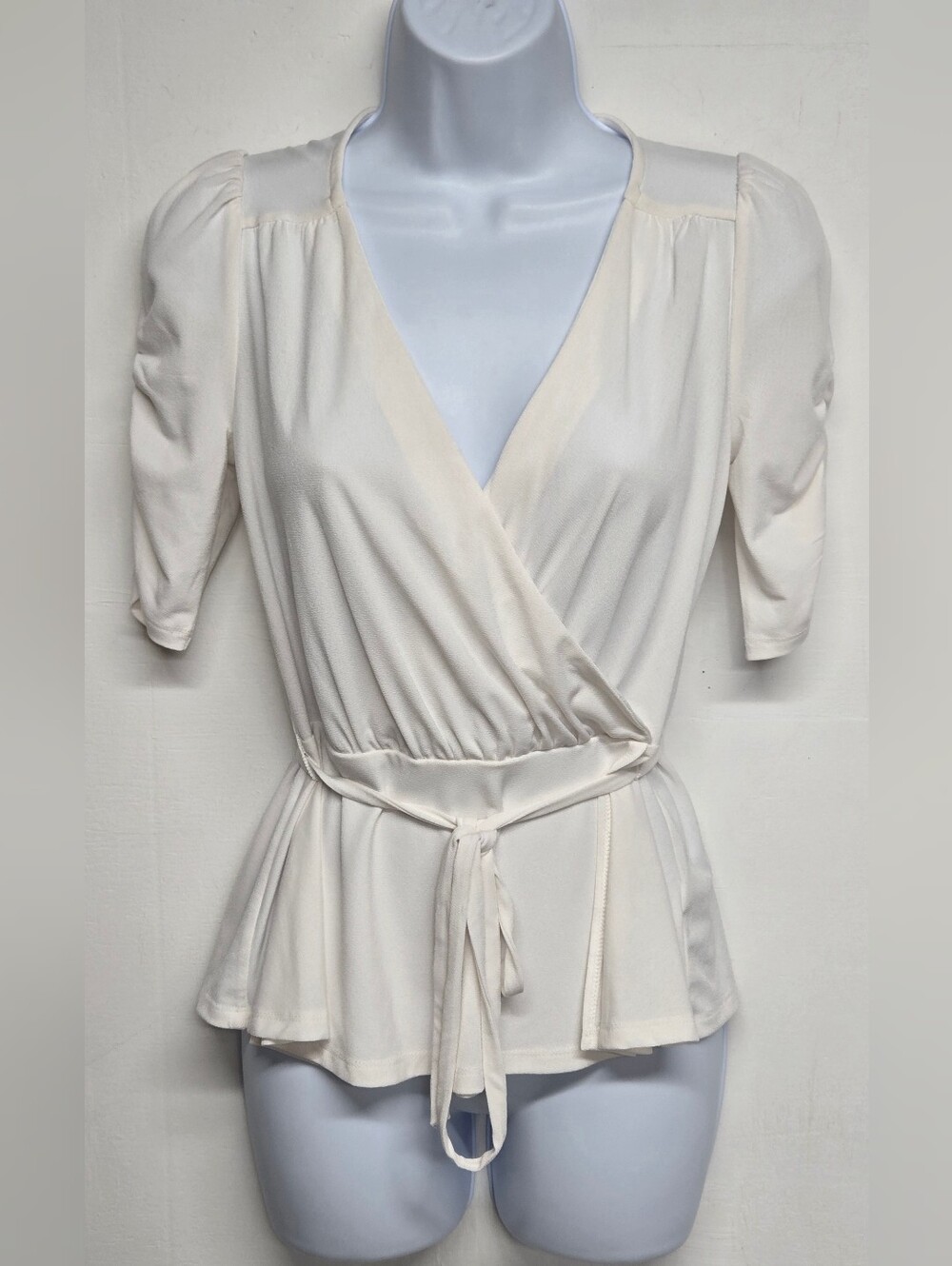 Express XS Vanilla White Top Plunge V Neck Belted Ruched Sleeve Stretch Knit